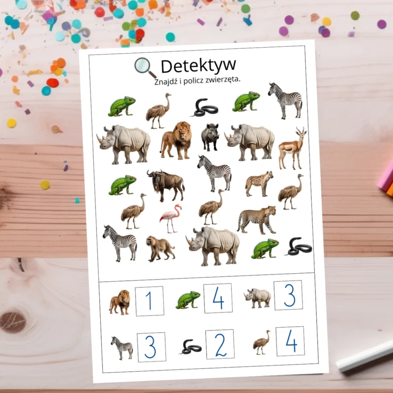 Detektyw znajdź i policz zwierzęta Afryki
