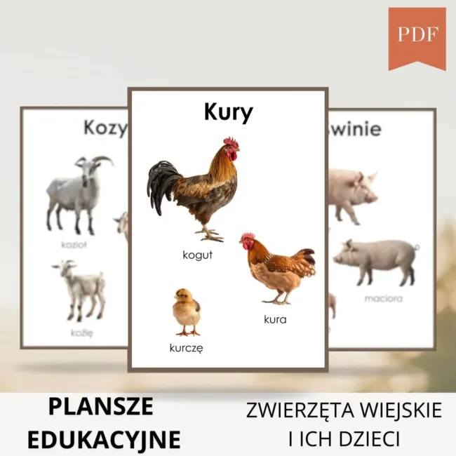 plansze edukacyjne zwierzęta wiejskie i ich dzieci