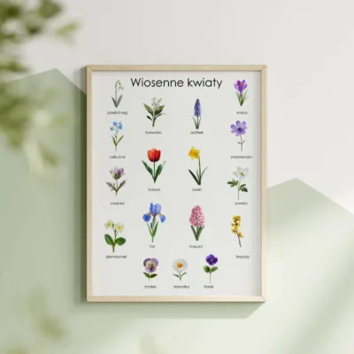 Edukacyjny plakat z wiosennymi kwiatami do wydruku PDF