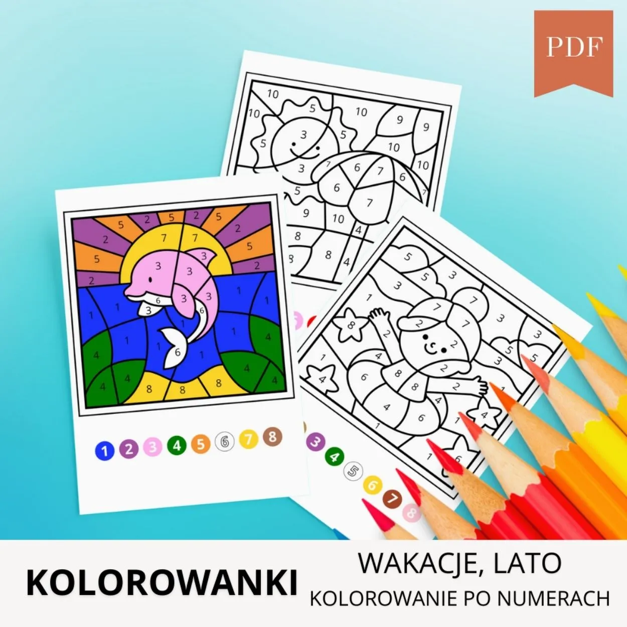 Kolorowanka-delfin-slonce-dziewczynka-kolorowanie-po-numerach-druk