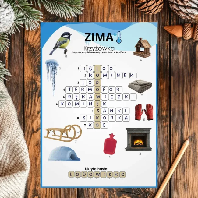 Krzyżówka obrazkowa o zimie dla dzieci PDF