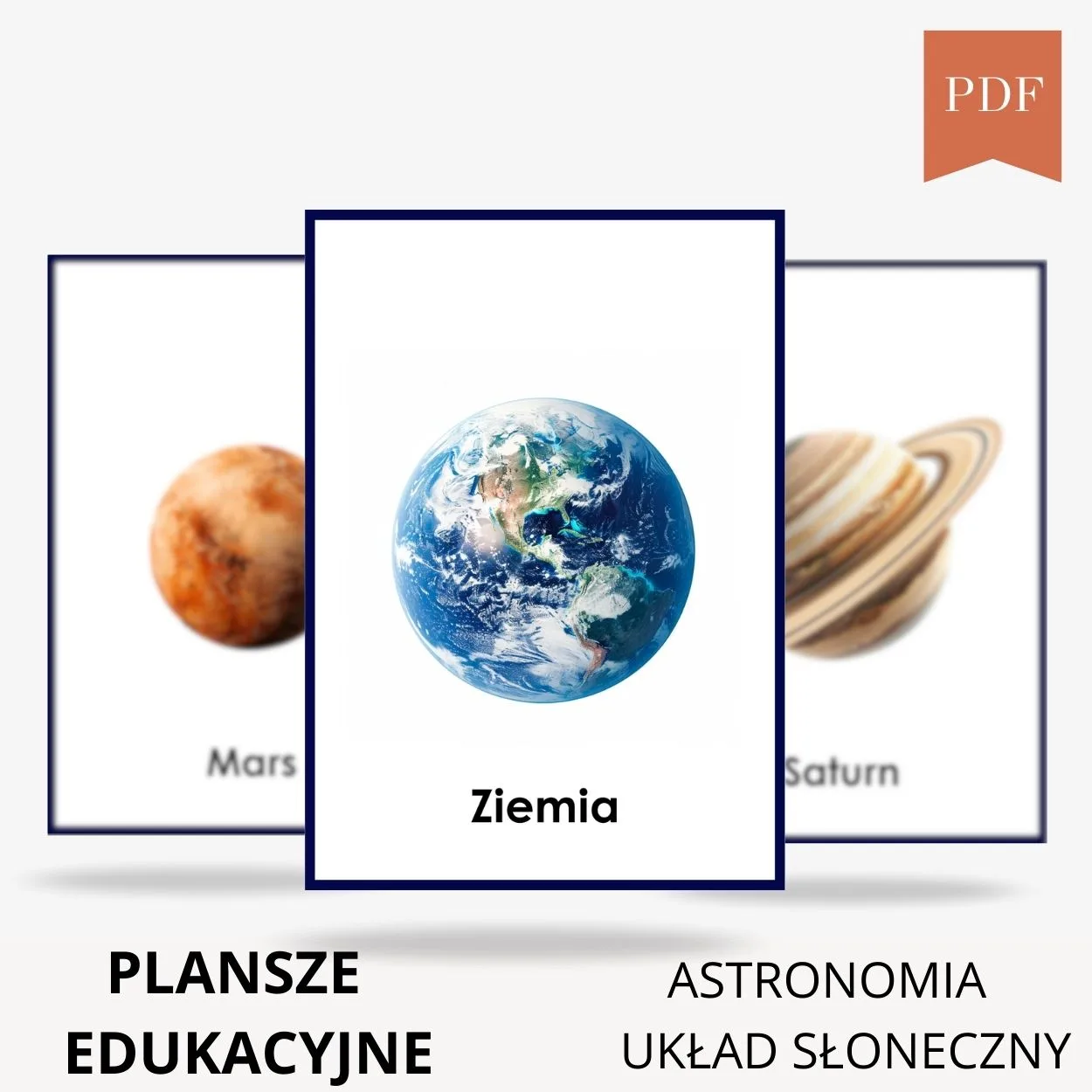 Edukacyjne plansze do druku przedstawiające planety Układu Słonecznego: Mars, Ziemię i Saturna. Idealne materiały do nauki dla dzieci. Do samodzielnego wydrukowania w formacie PDF