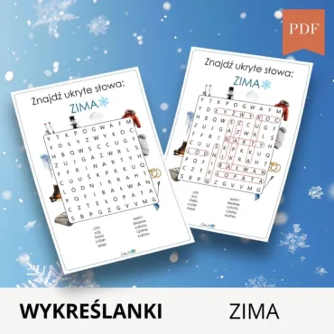 Wykreślanka Zima dziecko szuka słów związanych z zimą
