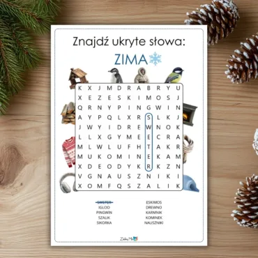 Zimowe wykreślanki – dziecko zaznacza ukryte słowa związane z zimą