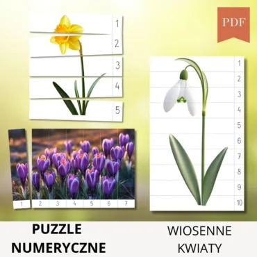 wiosenne kwiaty puzzle matematyczne 3,5,7 i10 elementowe do druku